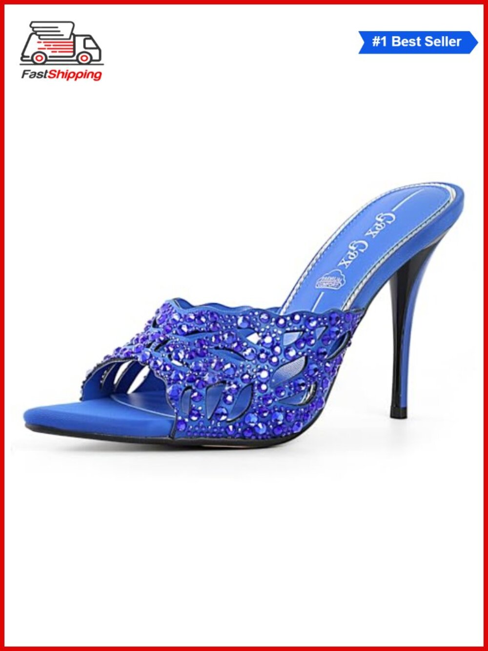 Faux Leather Stiletto Mule Heels Rhinestone Cutout Open Toe Slip On Party